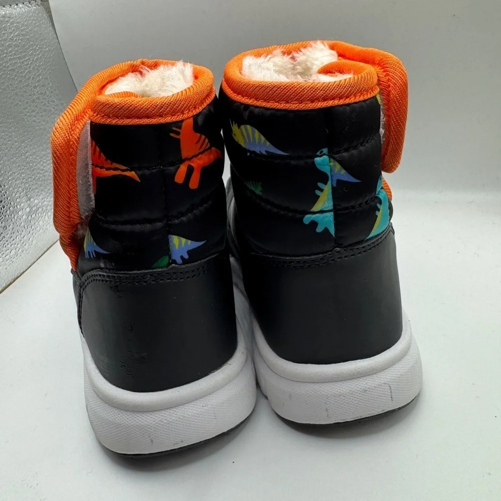 NWOT Toddler 6 Boys Black and Orange Dinosaur Winter Snow Boots w Velcro Closure